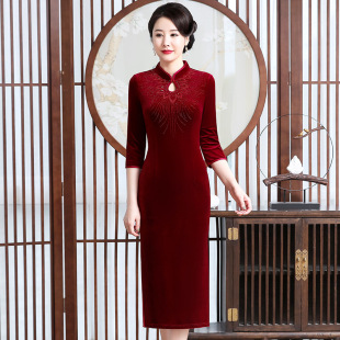 Mid-Length Everyday Wearable Wedding Mother's Dress, Spring & Fall Gold Velvet Wedding Mother-In-Law Banquet Dress, Popular Long Dress with Beads