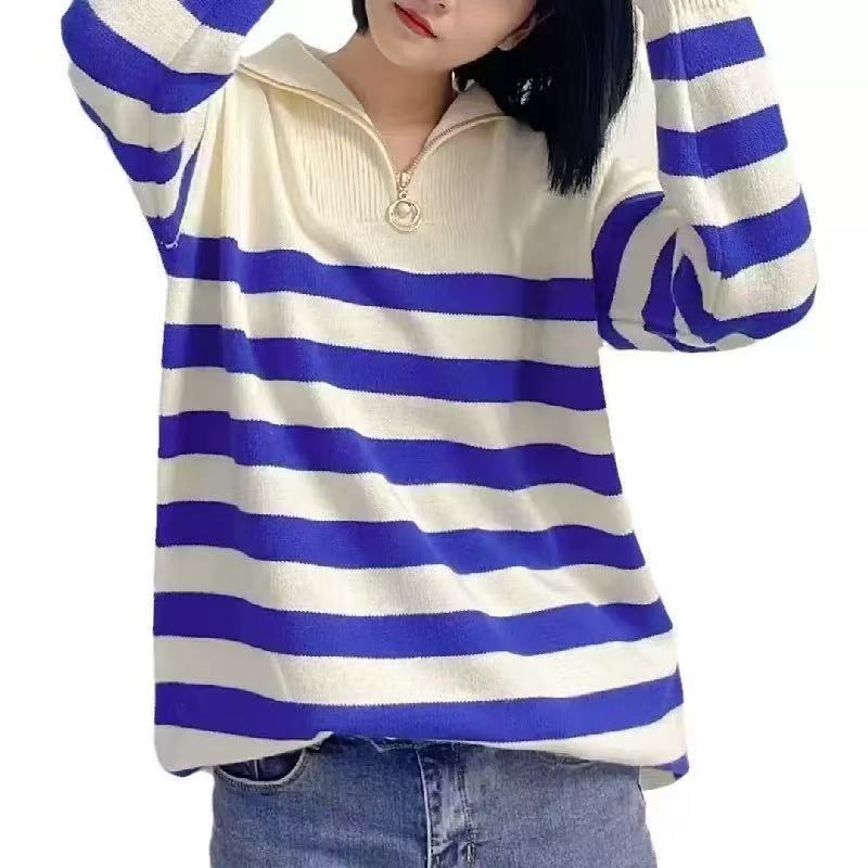 Korean Style Lapel Half-Zip Stripesd Contrast Sweater for Women 2025 Autumn and Winter New Style Lazy Style Loose Knitted Knitwear Top Korean Style Lapel Half-Zip Stripesd Contrast Sweater for Women 2025 Autumn and Winter New Style Lazy Style Loose Knitted Knitwear Top
