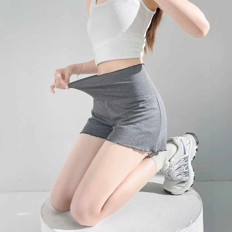 Carefully Selected Gray Ribbed Rayon Ruffle Edge Casual Shorts for Women, New Outerwear Leggings, High-Waisted Casual Wide-Leg Shorts