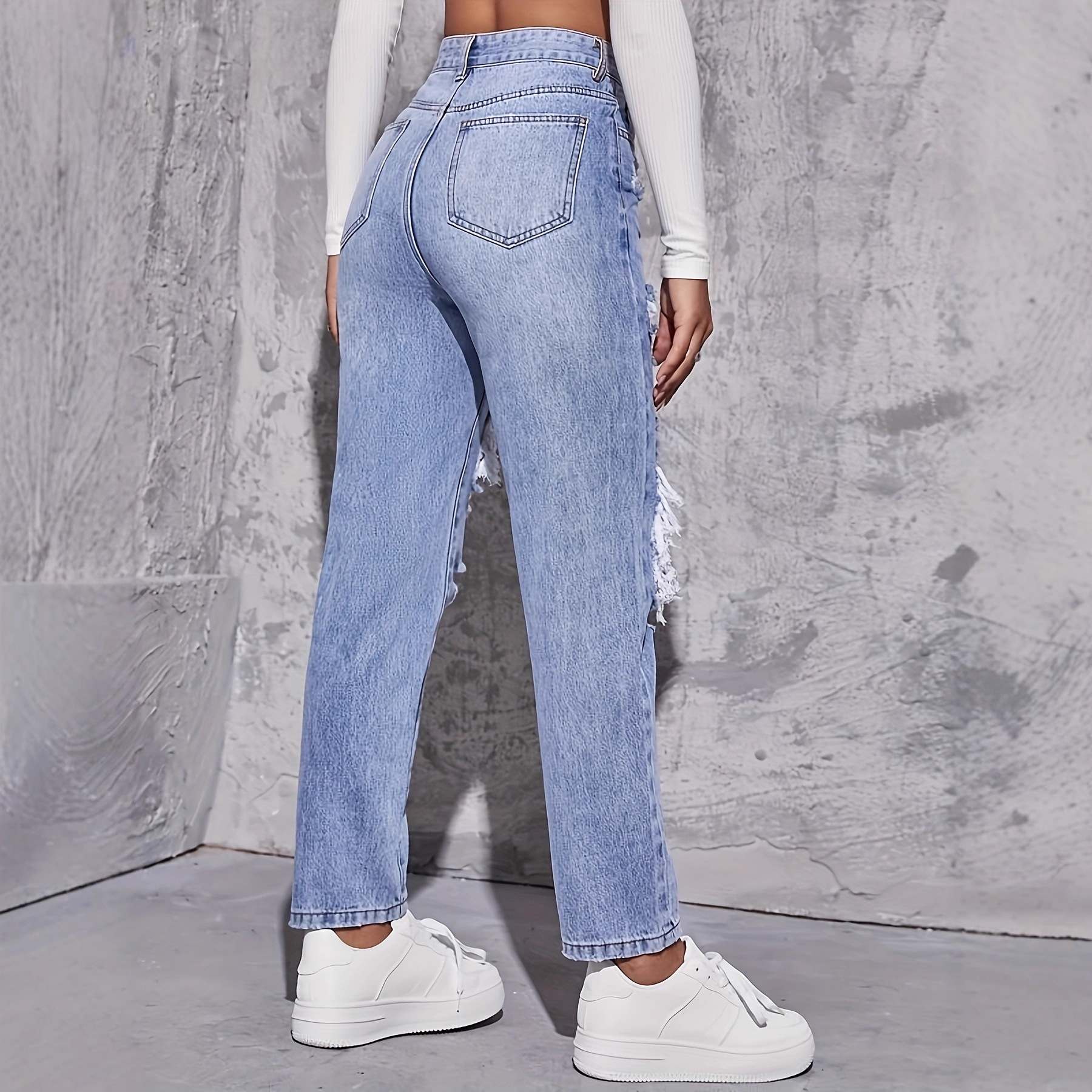 European And American Blue Ripped High-waisted Denim Straight-leg Pants Women's Fashion Versatile Trousers_ecoleips.com
