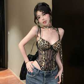 网纱连体豹纹吊带背心女夏美式热辣妹性感鱼骨抹胸小上衣绝美