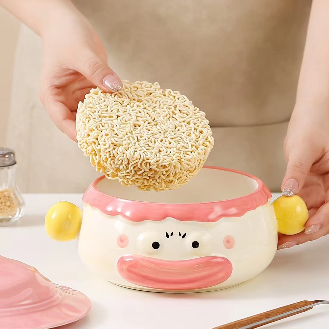 Personalidad creativa payaso de cerámica tazón de fideos instantáneos pintado a mano alivio hogar tazón de sopa con tapa lindo Internet celebridad ensalada tazón image 4