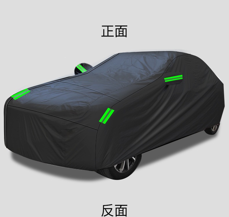 Car cover in all-black with silver-coated fabric, rainproof and sunproof, with reflective strips, made of polyester
