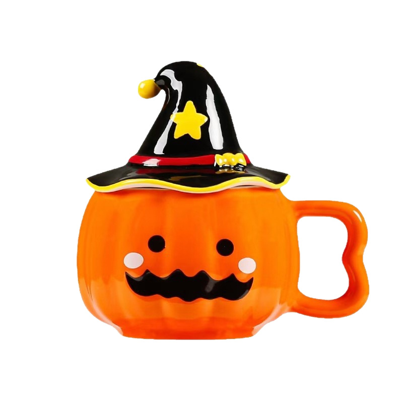 Taza de calabaza de Halloween, taza de agua cerámica encantadora, taza de café con tapa, taza creativa