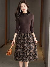 恒源祥羊毛衫女秋冬假两件羊绒针织碎花连衣裙过膝收腰显瘦毛衣裙