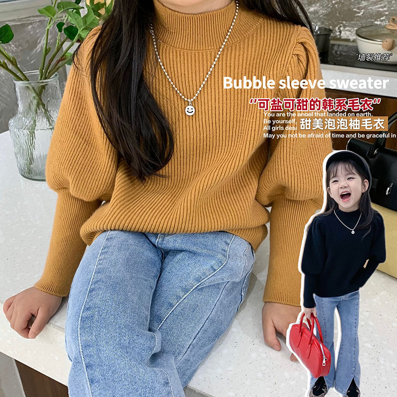 Children's Spring & Fall Korean Style Puff Sleeve Sweater Girls Baby Pullover Comfortable Knitted Bottoming Shirt Top