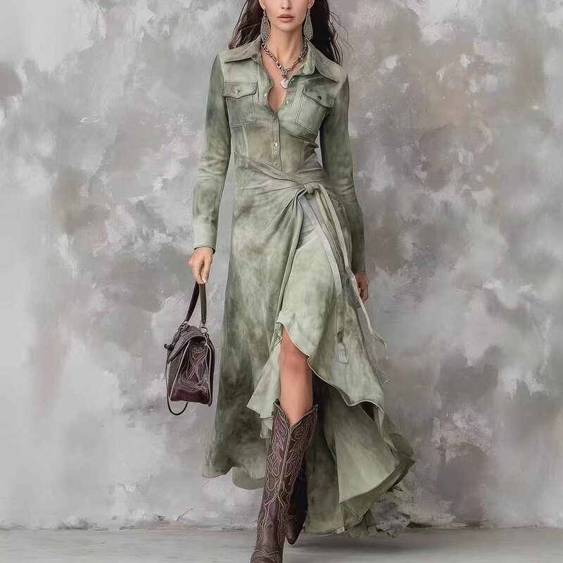 European and American 2025 Early Autumn New Niche Designer Printed Loose Long-Sleeved Shirt Long Tie-Dye Women's Dress