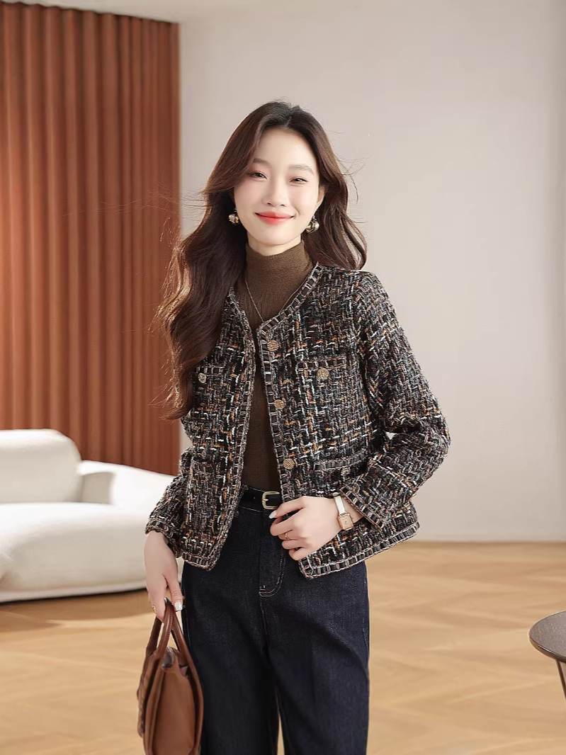 Áo khoác ngắn nữ phong cách Pháp cổ điển chất liệu tweed cao cấp — màu nâu
