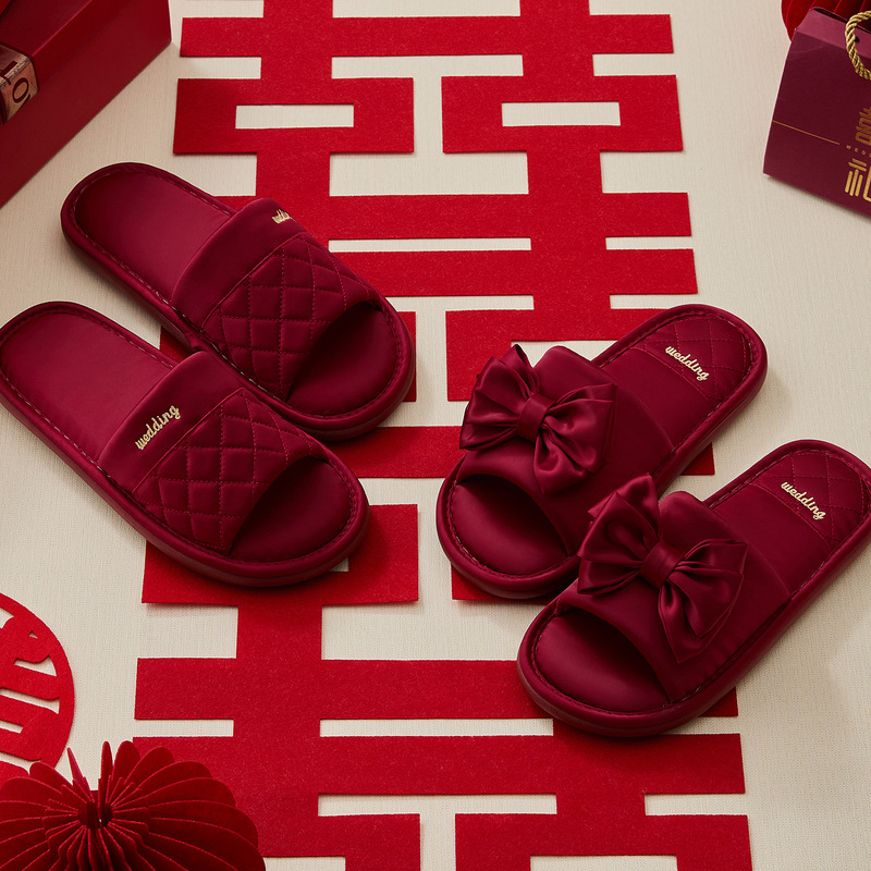Wedding Couple Slippers Festive Red Pair High-End Satin Groom and Bridesmaid Dowry Slippers Groom Summer