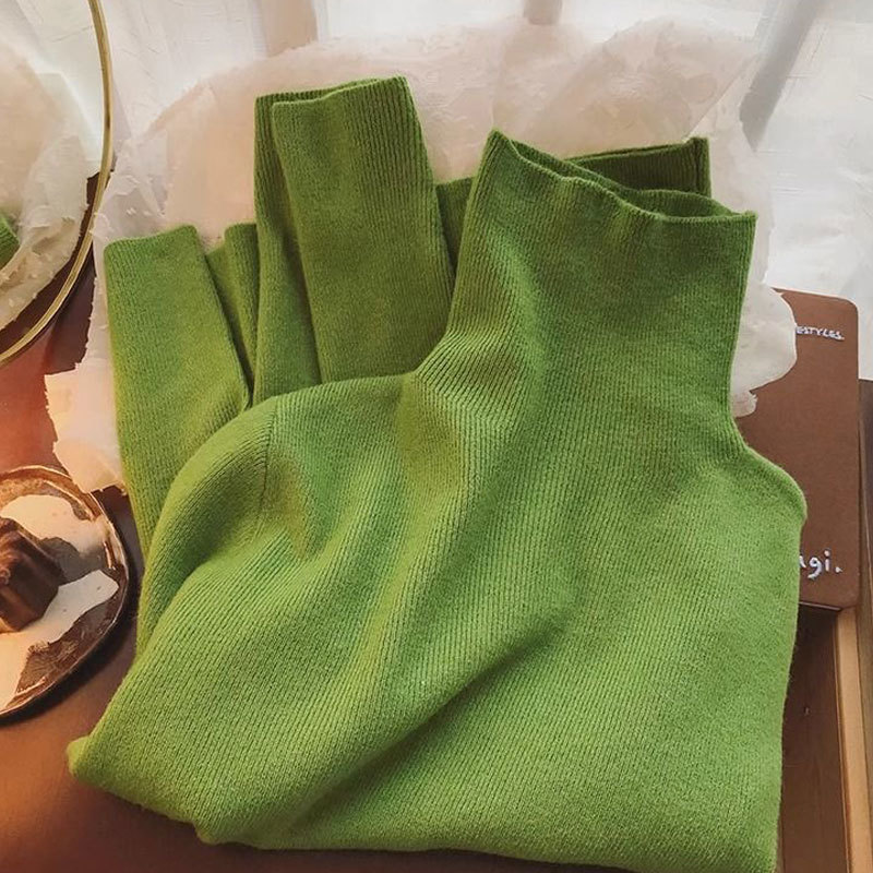 Green Knitted Turtleneck Bottoming Shirt for Women 2025 New Autum Style with High-Bottom Pile Collar Slim Long-Sleeved Top