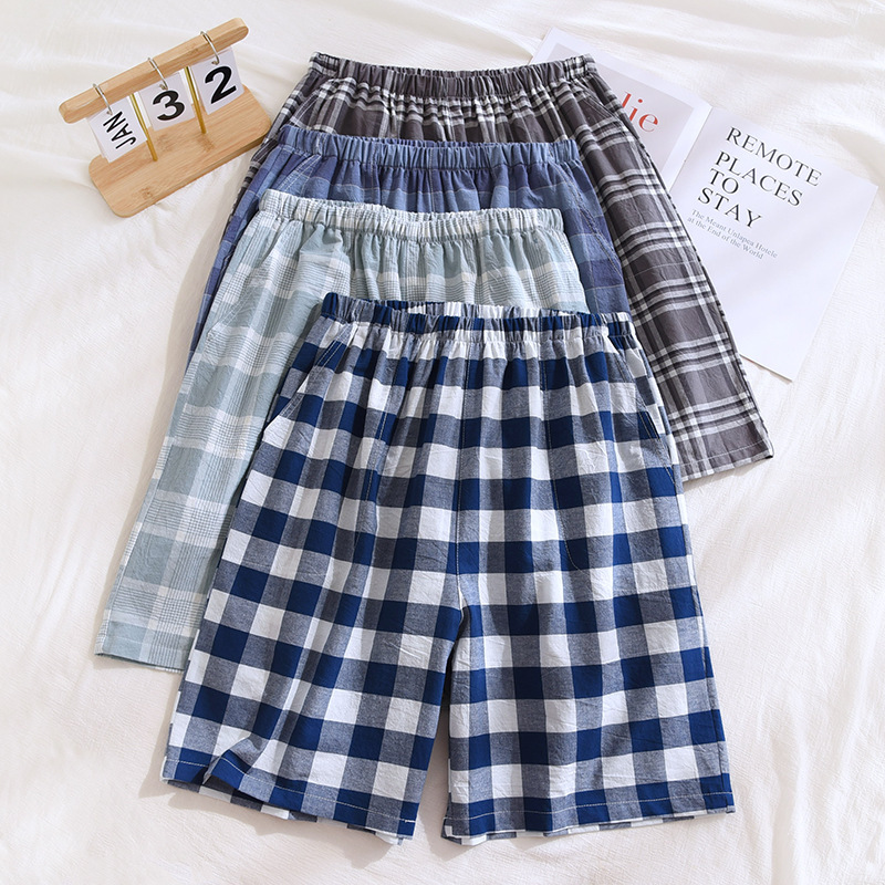 Summer Men's Cotton Elastomer Waist Home Shorts Japanese Plaid Thin Casual Pajama Pants Pocket Outer Wearing plus size