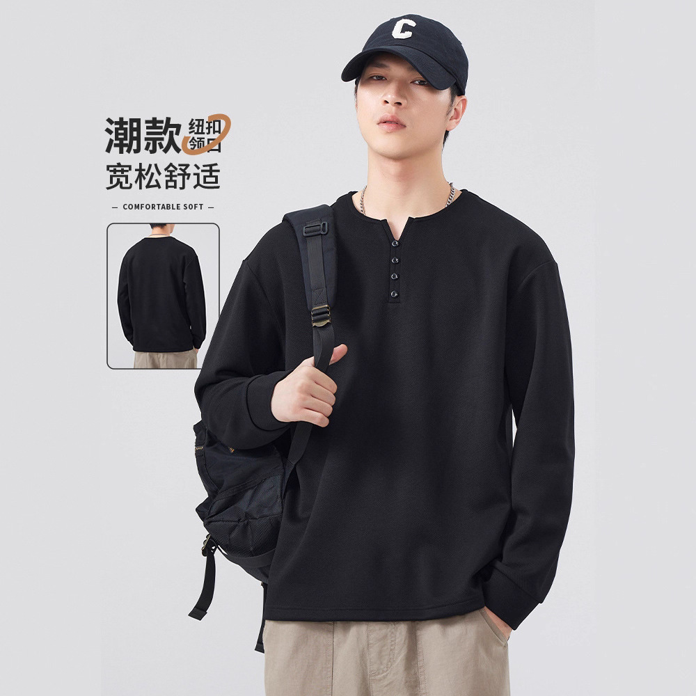 亨利领长袖t恤男士2025秋季新款潮牌黑色宽松休闲内搭打底衫卫衣