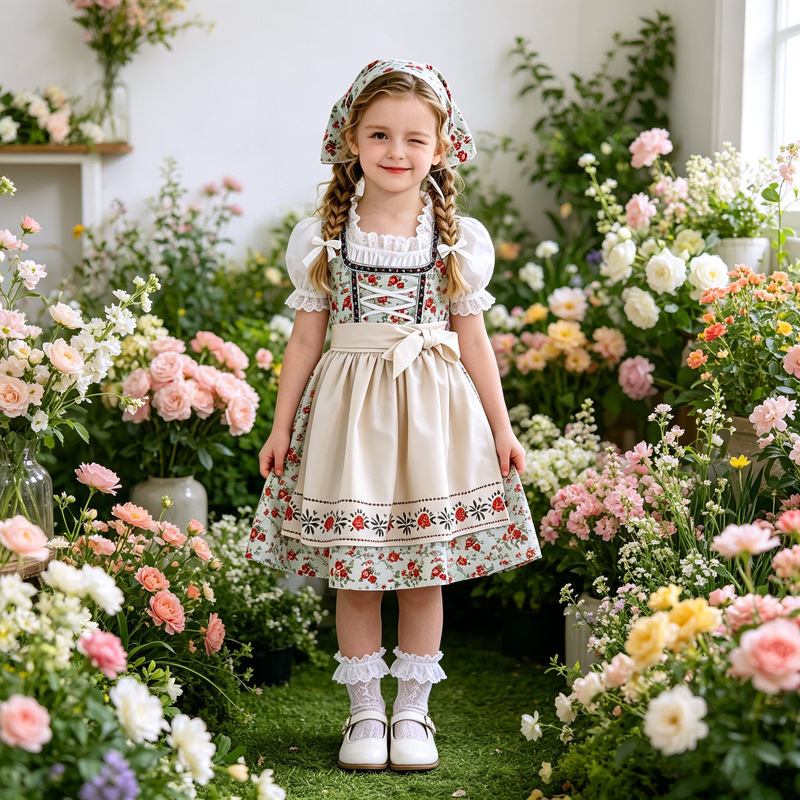 Dirndl Dress for Girls, Pastoral Style Floral Dress, Oktoberfest Maid Outfit, Pastoral Style Theater Stage Costume Dirndl Dress for Girls, Pastoral Style Floral Dress, Oktoberfest Maid Outfit, Pastoral Style Theater Stage Costume