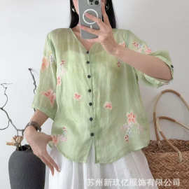 2026夏季新款苎麻印花衬衫森女系减龄单排扣江南水印休闲复古上衣