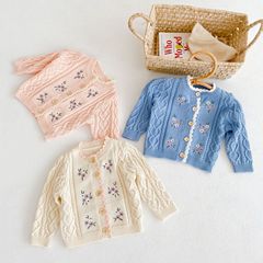 ins 21 autumn clothing for boys and girls, infants and children, small flower embroidered jacket tops, versatile cotton yarn knitted cardigan