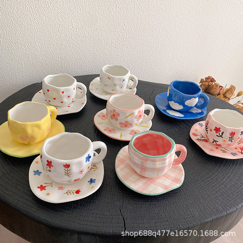 Underglaze Color Hand Kneading Cup and Saucer Breakfast Milk Cup Blue Sky White Clouds Ceramic Water Cup Coffee Cup suit Household Cup Underglaze Color Hand Kneading Cup and Saucer Breakfast Milk Cup Blue Sky White Clouds Ceramic Water Cup Coffee Cup suit Household Cup
