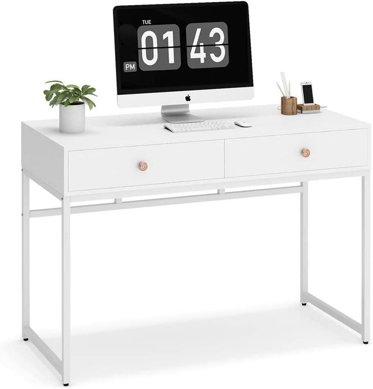 Modern Simple Computer Desk Home Office Desk Study Table Writing Desk with 2 Storage Drawers Makeup Console White