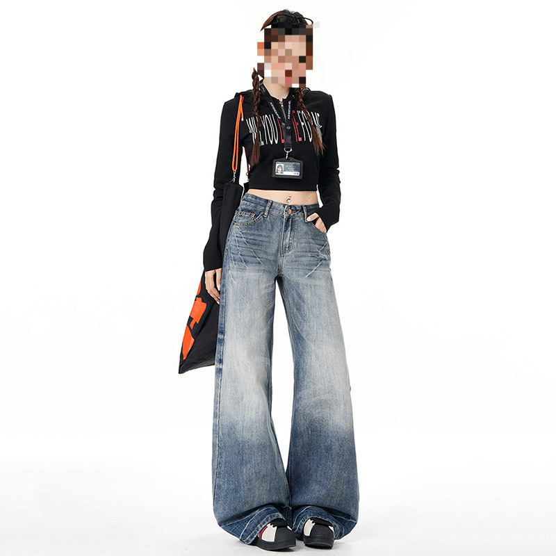 New American-Style Low-Waist Distressed Vintage Blue Straight-Leg Jeans for Women, Summer Slim-Fit Casual Pants with Patterns