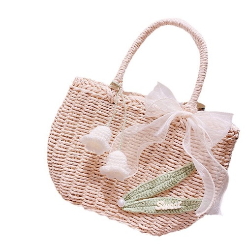 HD6296 Romantic Summer~Handmade Knitted Crochet Pearl Flower Girl Lining Grass Weave Vacation Bag Tote Bag