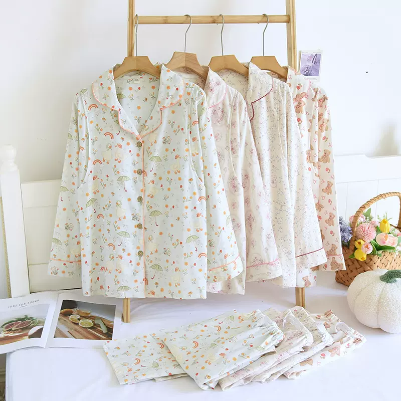 新款磨毛长袖碎花睡衣套装月子服可哺乳春秋季保暖家居服卡通可爱