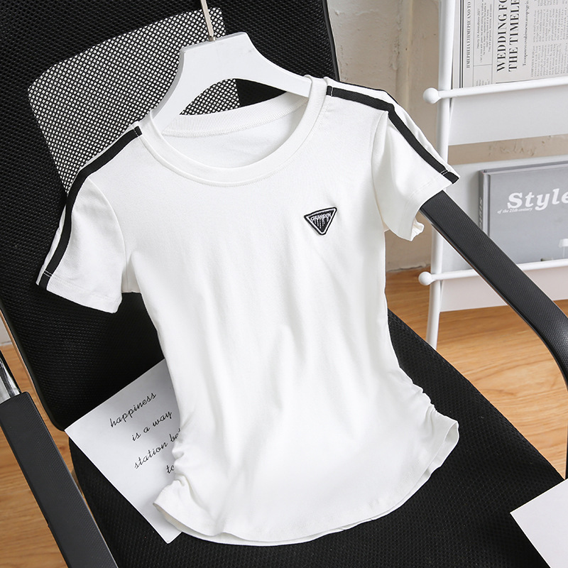 Pure Cotton American Retro Three Stripes Short-Sleeve T-Shirt for Women - Summer Design, Unique and Distinctive, Body-Concealing Short Style