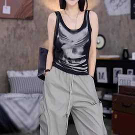 美式辣妹炸街撞色印花吊带背心女夏季设计感小众修身短款时尚上衣