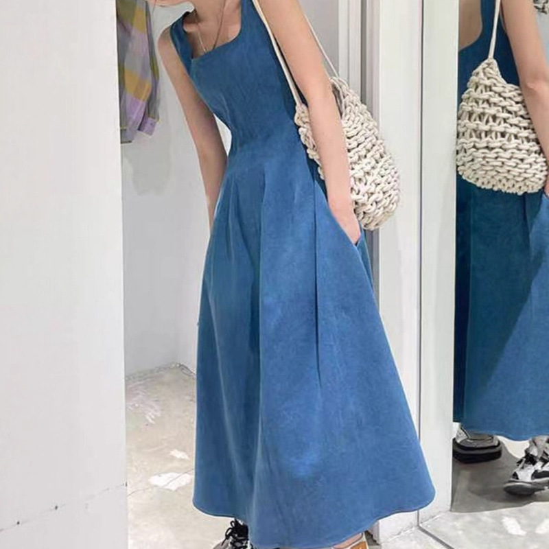 Blue Mist Love Thin Denim Dress Women's Summer Niche Design Gentle and Plaid Waist-Cinching Suspender Long Dress Blue Mist Love Thin Denim Dress Women's Summer Niche Design Gentle and Plaid Waist-Cinching Suspender Long Dress