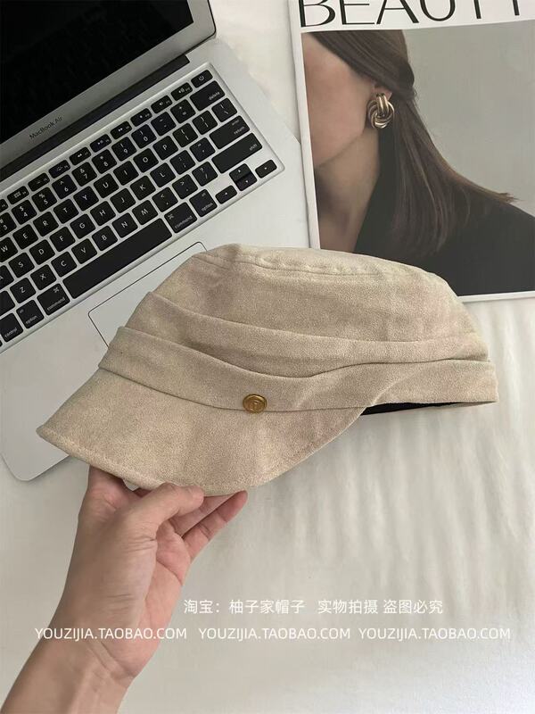 麂皮褶皱马术平顶贝雷帽女春秋复古做旧八角帽高级感百搭鸭舌帽子|undefined