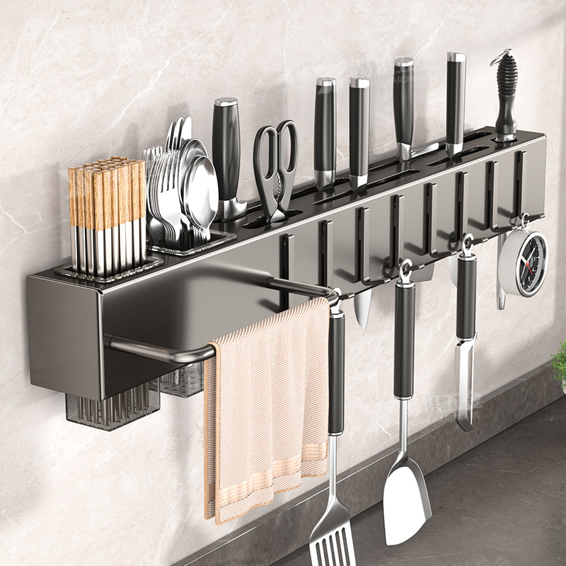Fabricante de cuchillos de cocina sin agujeros de perforación espesación multifuncional palillos cuchillo de inserción de tubo de almacenamiento integrado pared colgante estante