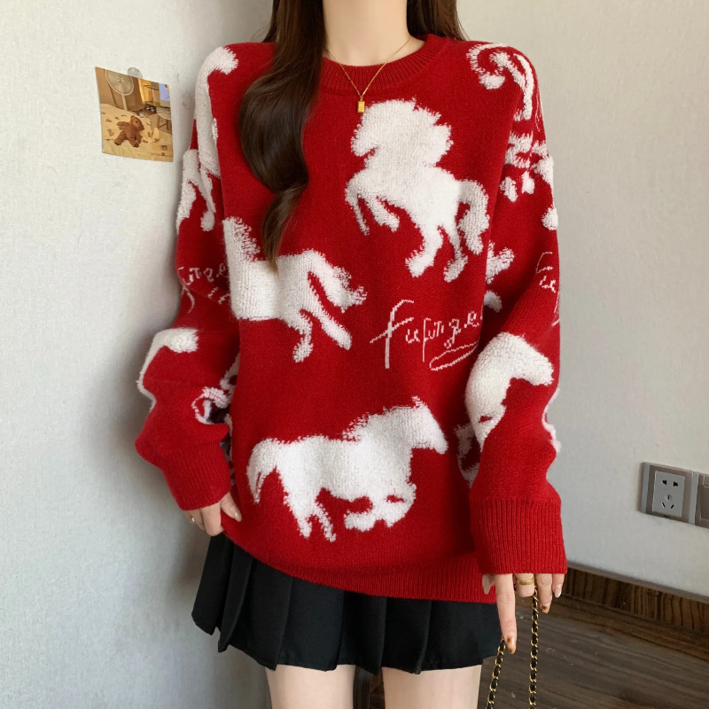 2026 New Year Red High-End Lazy Christmas Knitwear Women's Autumn and Winter Loose and Beautiful Slimming Look Knitwear Top