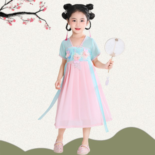 Hanfu Children's Dress for Girls, Summer Thin Chinese Style, Elegant Fairy Dress for Older Children and Students, Ancient Style Gown