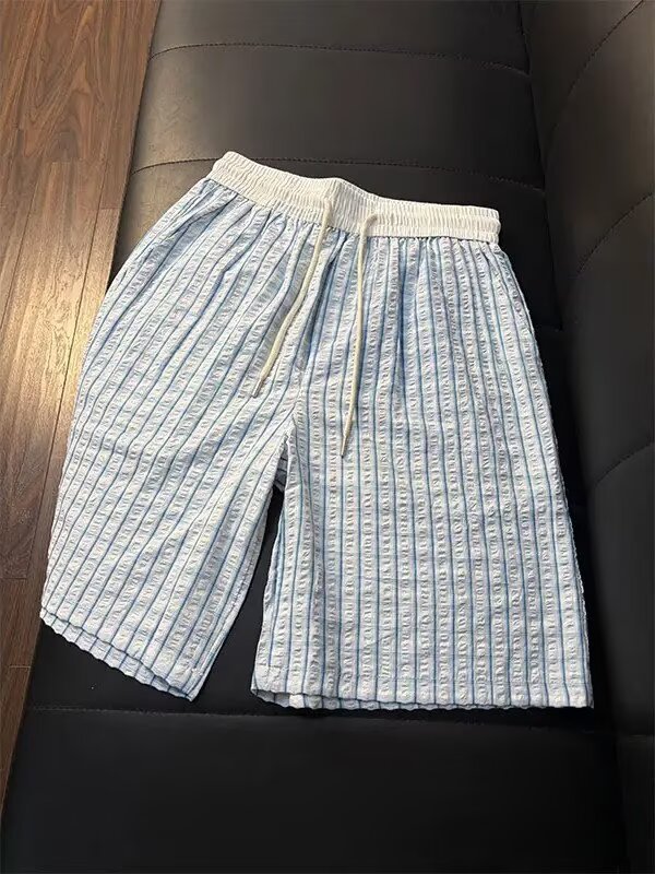 Men's Thin Seersucker Ice Silk Plaid Quick Drying Beach Shorts Summer Athletic Capri Pants_viptrois.com