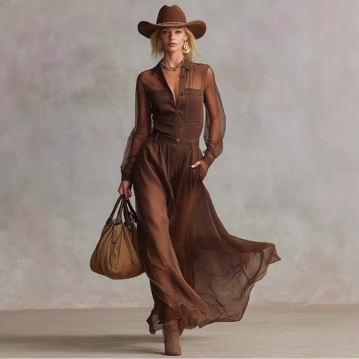 Retro Brown Cotton Maxi Dress With Button V Neck Long Sleeve Organza Stitched For Women European And American Style Independent Website_ecoleips.com