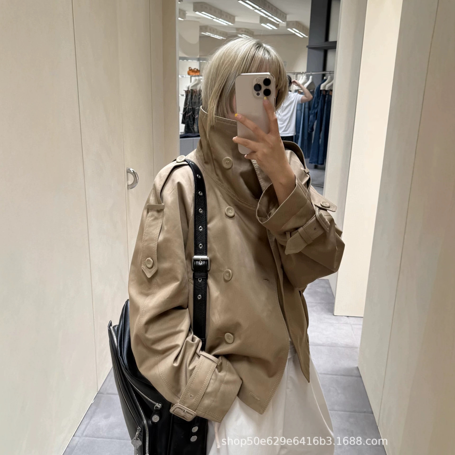 25 Early Autumn New Khaki AC Diagonal Stand Collar Double-Breasted Pleated Hem Maillard High-End Trench Coat Jacket
