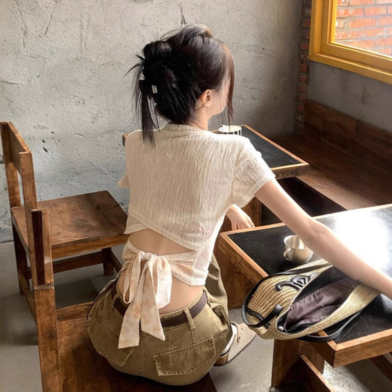 Korean Style Micro-transparent Short-sleeved T-shirt Women's Summer Design Sense Bow Strap Backless Thin Sweet Spice Girl Short Top