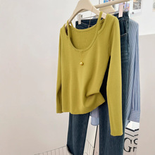 黄色设计感低领吊带长袖针织衫女秋冬修身毛衣内搭打底衫露肩上衣