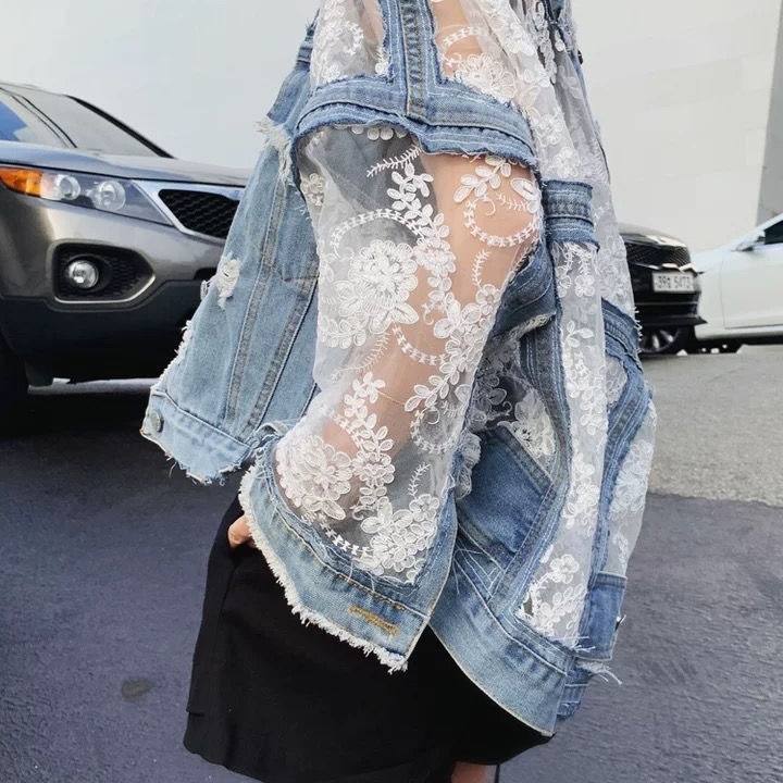 Women's Short Lace Ripped Denim Jacket Autumn New Style Mesh Embroidery Sun Protection Outerwear_ecoleips.com