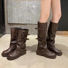 牛皮版~厚底裤管靴女秋季小众设计皮带扣西部靴褶皱中筒堆堆靴女