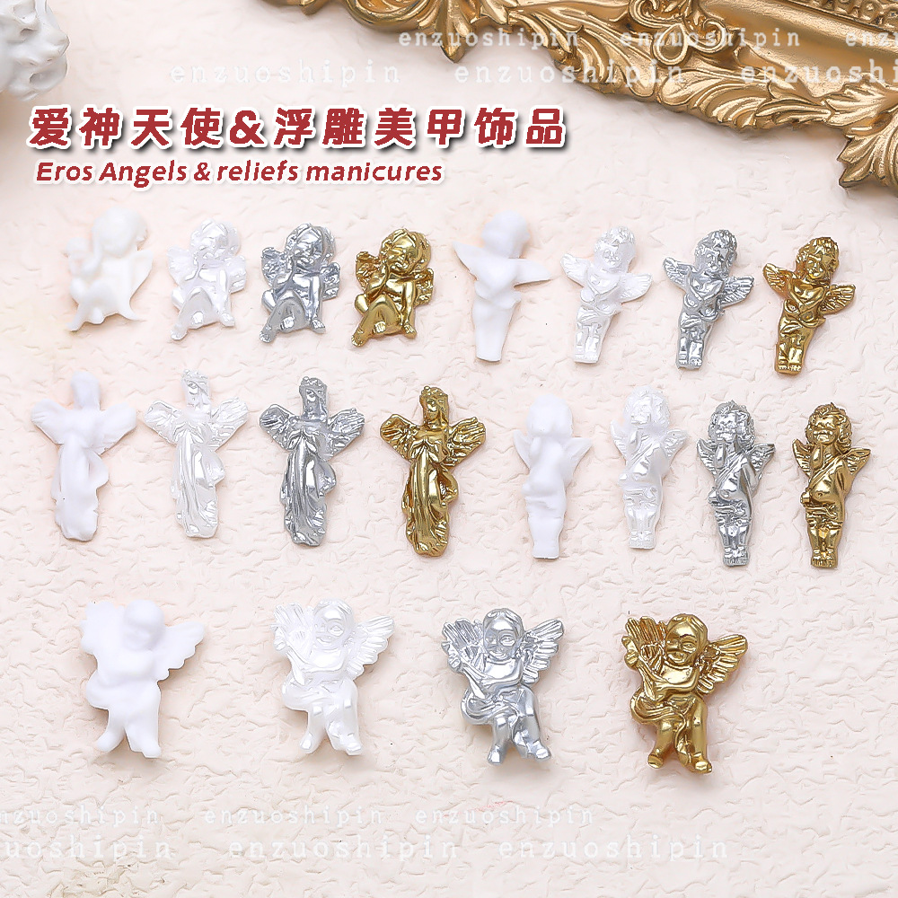 网红美甲爱心天使饰品白色树脂钻3D立体浮雕成品穿戴甲配饰