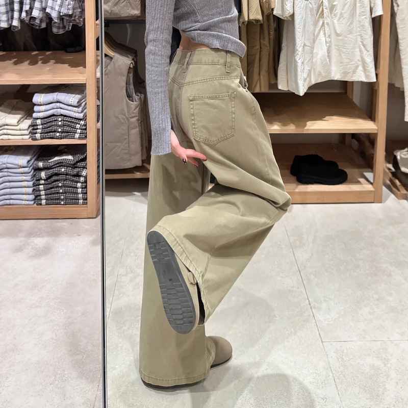 Petite American Retro Khaki Flared Jeans for Women, Spring/Summer Low-Waist Straight-Leg Wide-Leg Floor-Length Pants