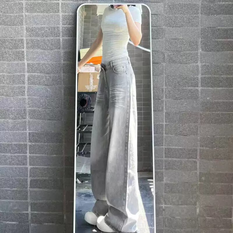 Long Gray American-Style High-Street Wide-Leg Jeans for Tall Women, Spring and Autumn, Loose Fit, Drapey, Slimming, Straight-Leg, Floor-Length Pants