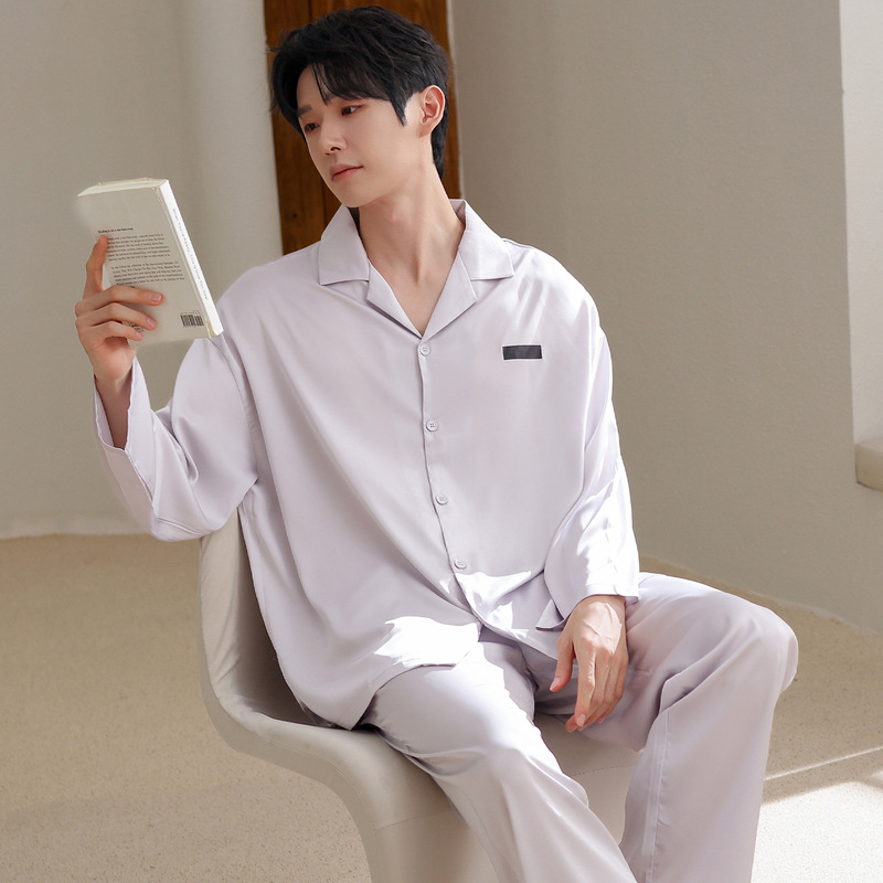 2025 New Men's Pajamas Spring and Autumn Long-Sleeved Silk Ice Silk Loungewear Thin Imitation Silk Satin Men's Suit