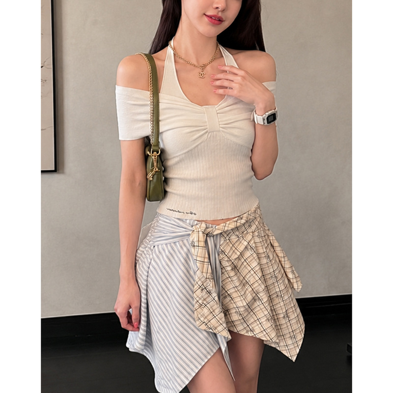 Shenzhen Nanyou Source Factory Off-Shoulder Halter Knit Top French Style Light Luxury Bowknot Slimming Elegant Women's Blouse Shenzhen Nanyou Source Factory Off-Shoulder Halter Knit Top French Style Light Luxury Bowknot Slimming Elegant Women's Blouse