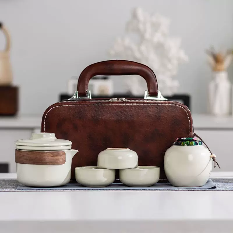 汝窑黄旅行茶具套装功夫泡茶壶陶瓷快客杯一壶三杯公司活动伴手礼