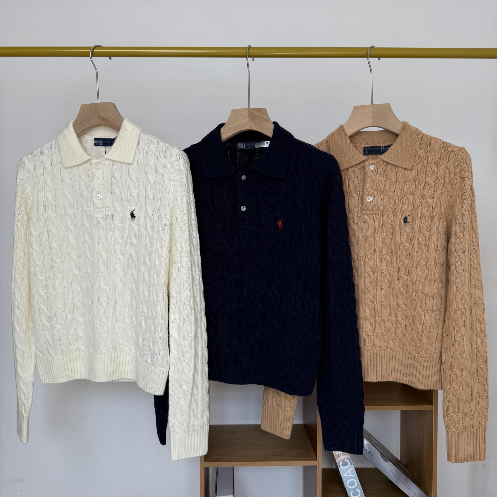 High Version/Rl25 Autumn and Winter Lapel with Label Pony Embroidered Wool Cashmere Twist Long-Sleeved Top for Women