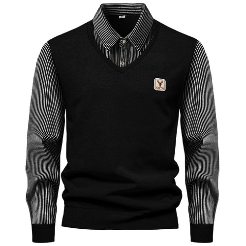 Men's Long Sleeve Two-Piece Woolen Cardigan Fashion Fleece Striped Shirt Knit Crew Neck