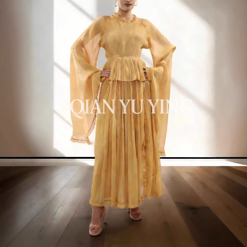 Wholesale Cross-Border Popular Organza Dress with Slim Waist and Extra-Long Bell Sleeves, in Stock, Real Photos, Elegant