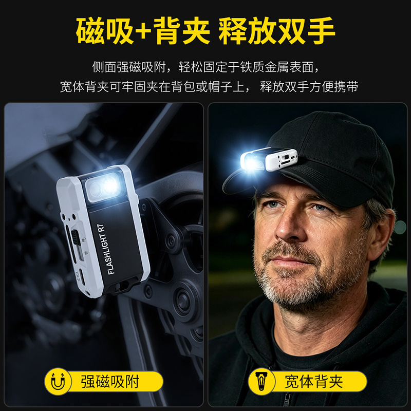 R7 Multifunctional Portable Keychain Flashlight 180 ° Rotating lamp head RGB three-color light source cap clip light flashlight