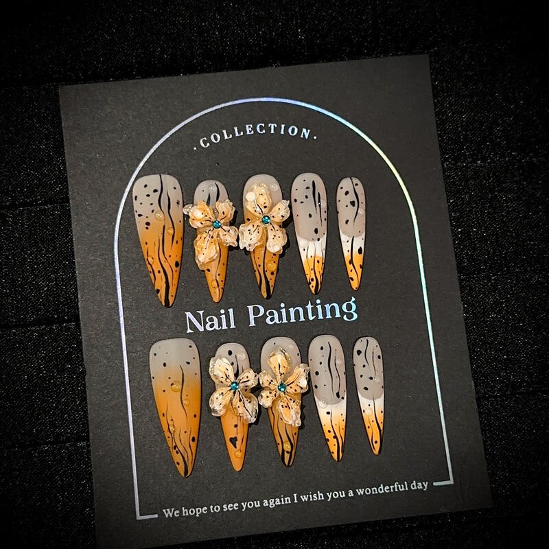 Purely Handmade High-End Orange Long Pointed Nail Tips with 3D Floral Designs and Hand-Painted Fake Nails Purely Handmade High-End Orange Long Pointed Nail Tips with 3D Floral Designs and Hand-Painted Fake Nails