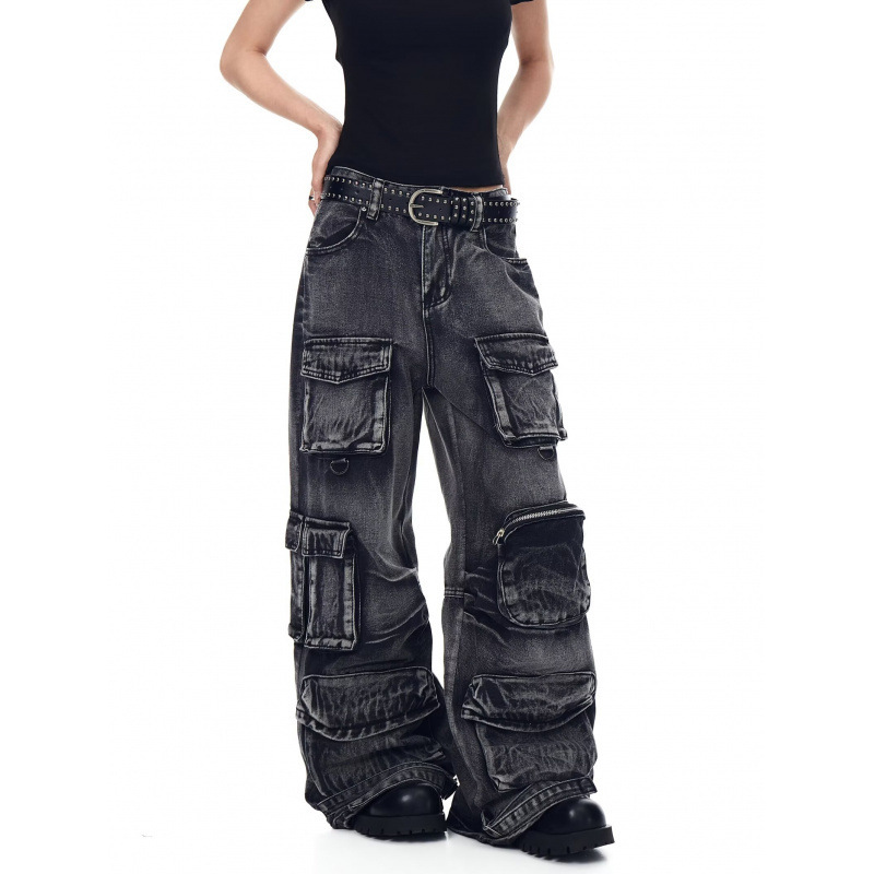 Kny American Trendy Brand Heavy-Duty Washed Multi-Pocket Work Jeans for Men and Women with Retro Distressed Wide-Leg Pants